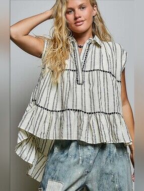 #1732 POL Whispered Coast Tiered Stripe Boho Top